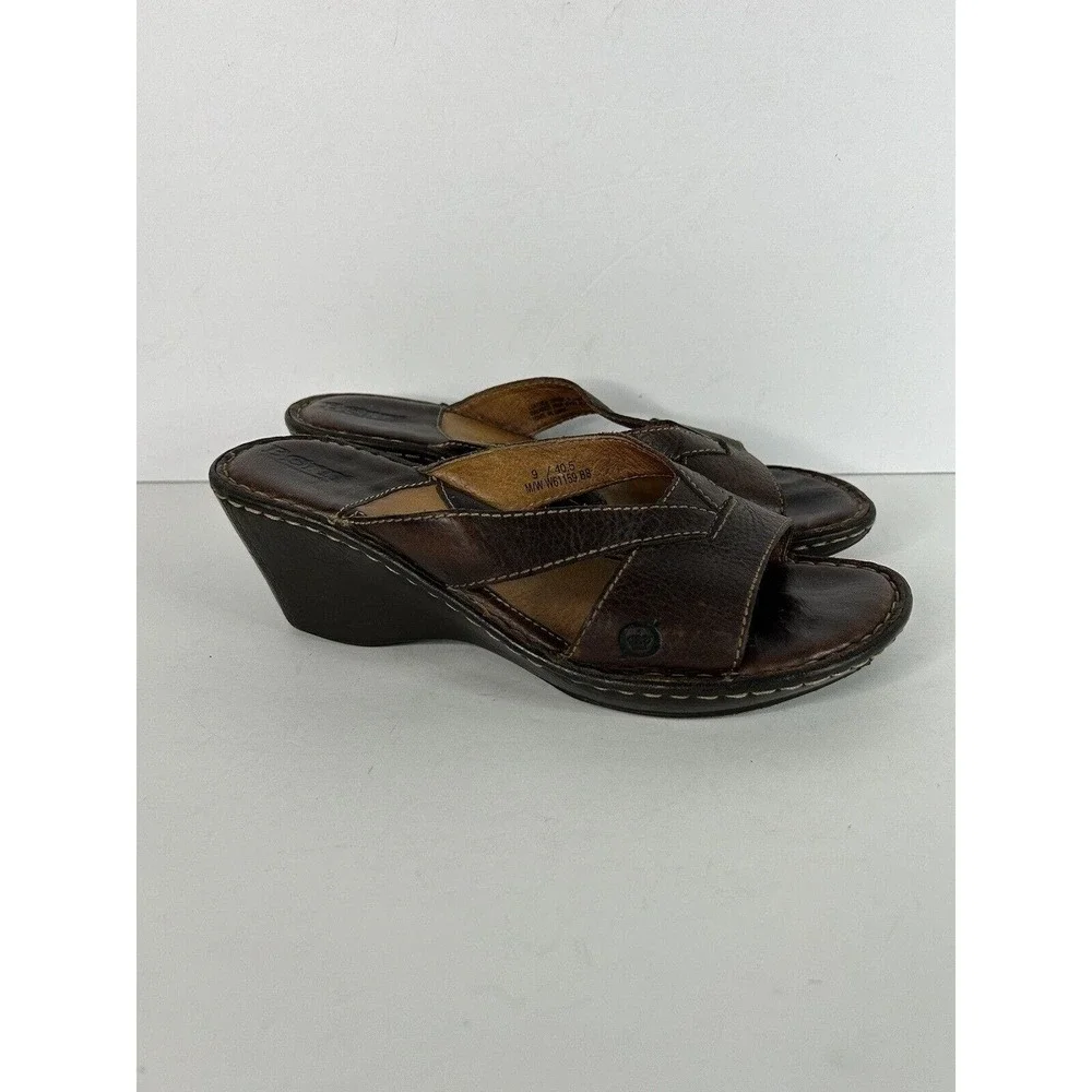 Born Sandals Brown Leather Open Toe Wedge Sandals Straps Size 9/40.5 - Picture 3 of 7